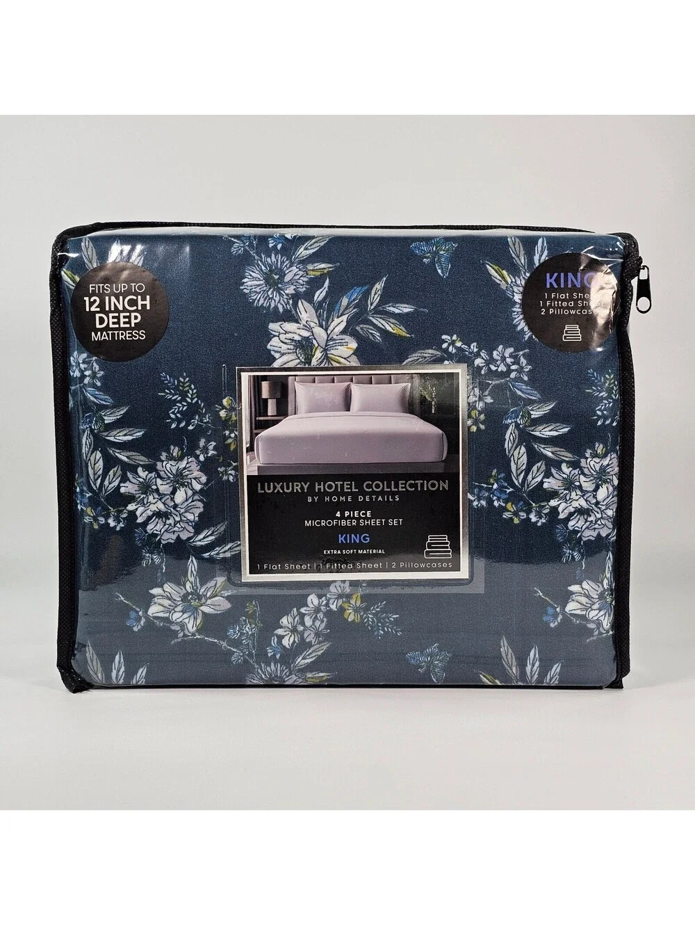 Home Details Luxury Hotel Collection King Sheet Set 4pc Navy Blue Floral Floral